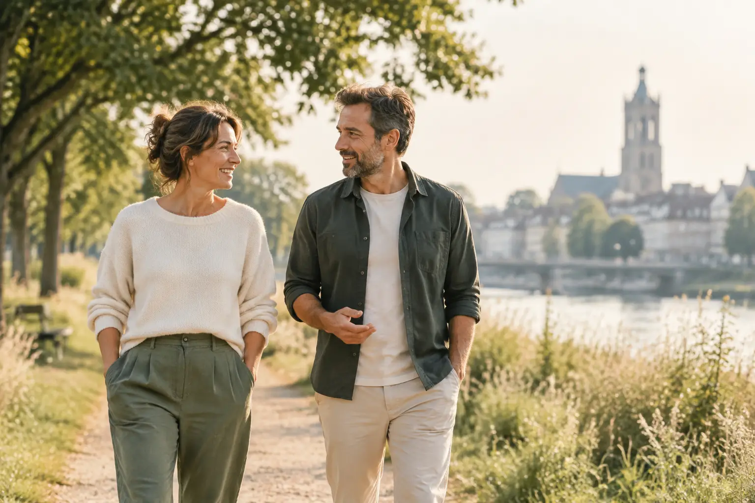 Twee volwassenen wandelen in alle rust samen over een groen pad in het ochtendlicht
